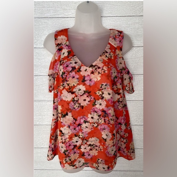 Cabi- Lush Blouse Orange Floral Cold Shoulder Top Style 5352 Size‎ Small - Picture 1 of 6